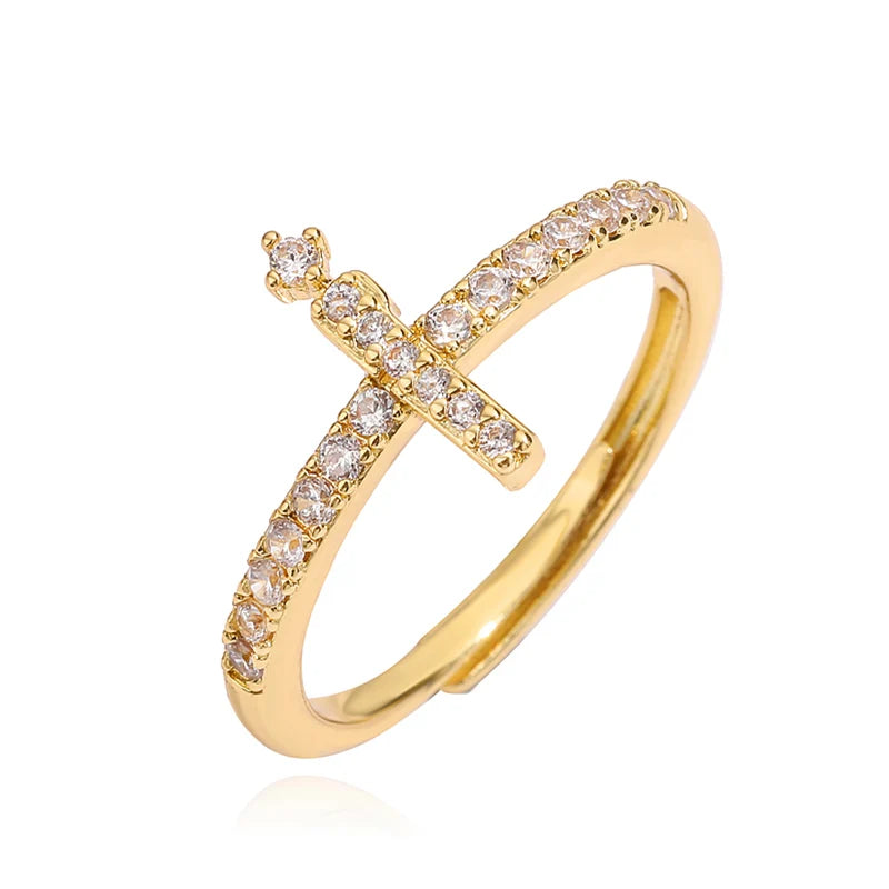 🌙 18k Gold Plated Arabic Letter Square Ring – HECHENG Women’s Fashion Ring with Zircon Inlay