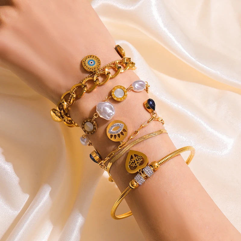 π EILIECK 18K Gold Plated Pearl Roman Numeral Charm Bracelet β Elegant 316L Stainless Steel Jewelry for Women
