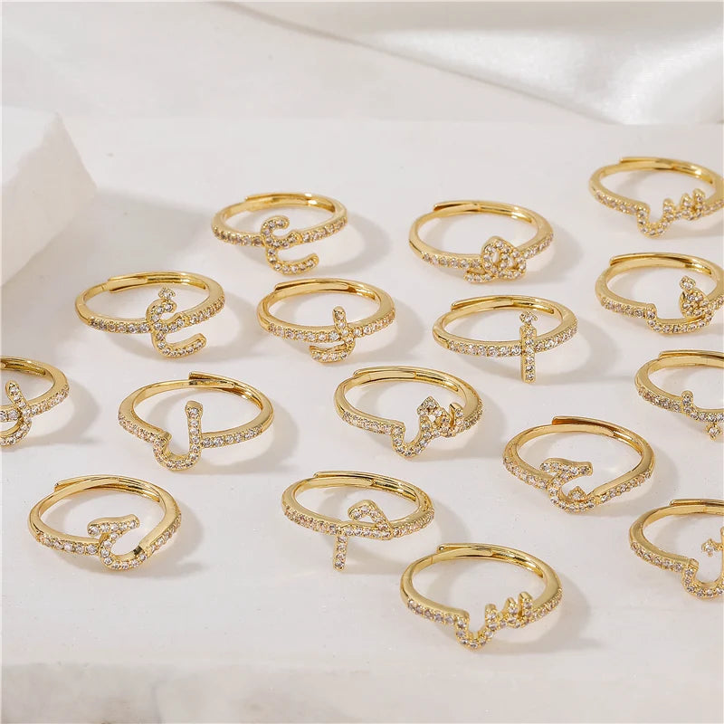🌙 18k Gold Plated Arabic Letter Square Ring – HECHENG Women’s Fashion Ring with Zircon Inlay