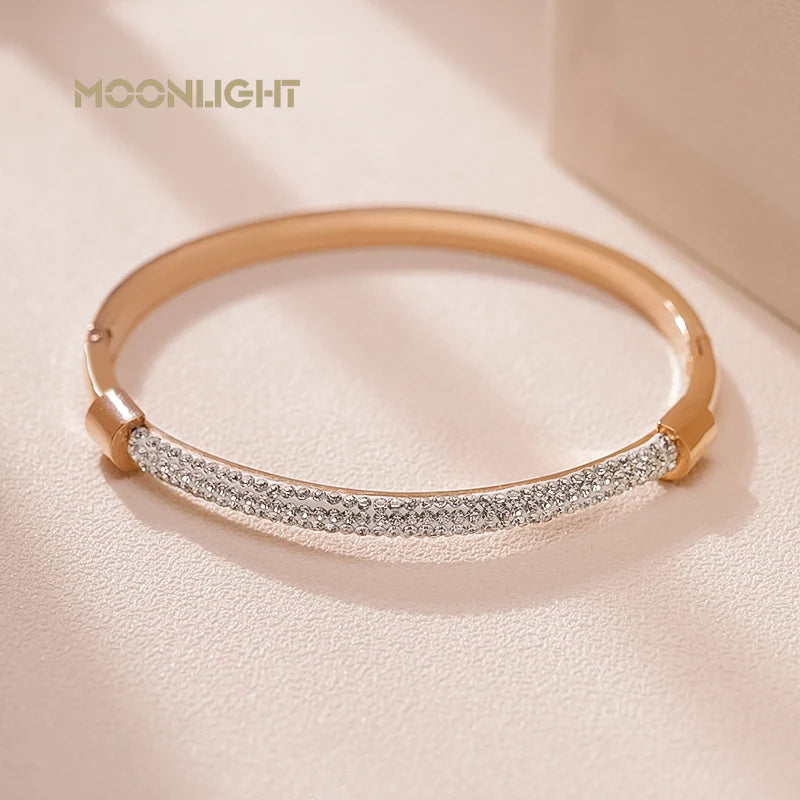 π 18K Gold Plated MOONLIGHT Cuff Bangle β Classic Titanium Steel Bracelet with Cubic Zirconia for Women