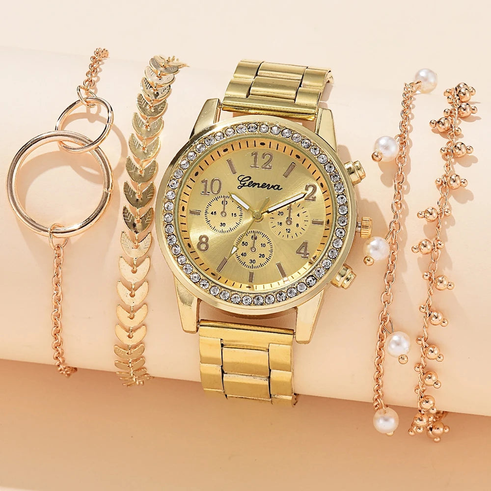 5-Piece Gold Luxe Watch & Bracelet Set✨