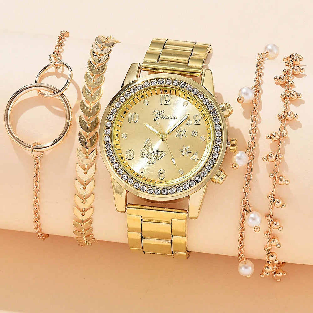 5-Piece Gold Luxe Watch & Bracelet Set✨