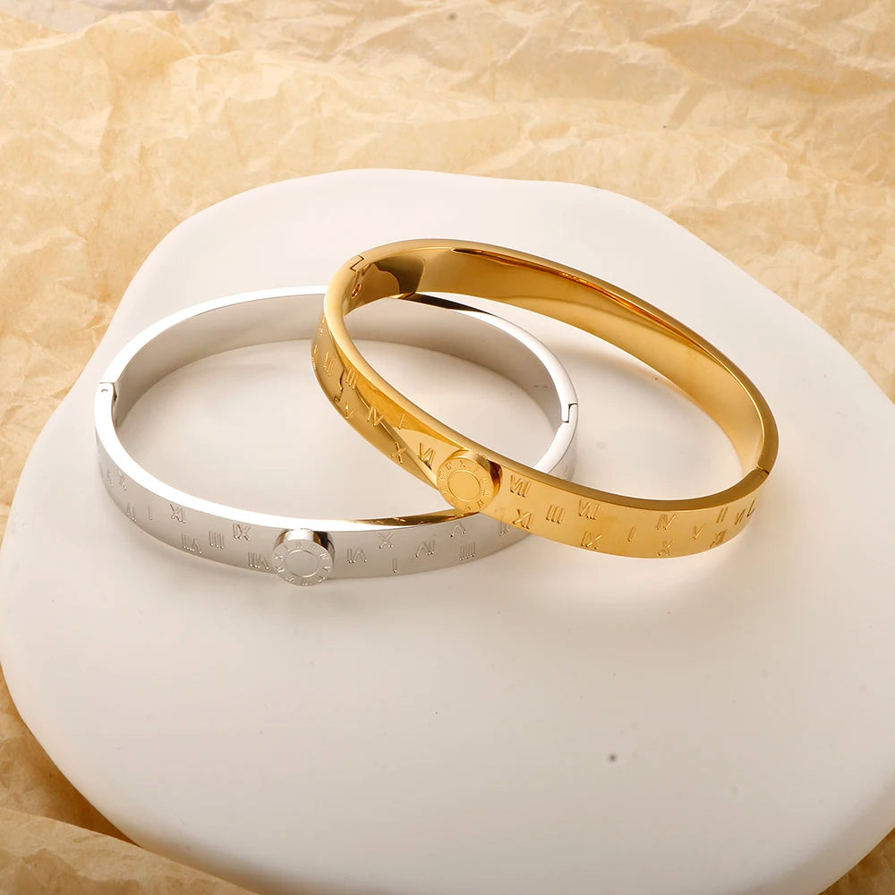 💫 JINHUI 18 Karat vergoldetes Edelstahl-Emaille-Armreif- und Ringset – Klassischer Schmuck mit römischen Ziffern