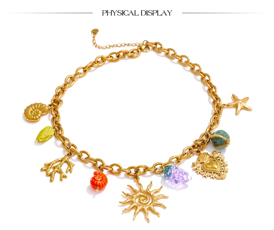 ☀️ 18k Gold Plated Yhpup Exquisite Ceramic Ocean Style Sun Pendant Necklace – Trendy Stainless Steel Jewelry