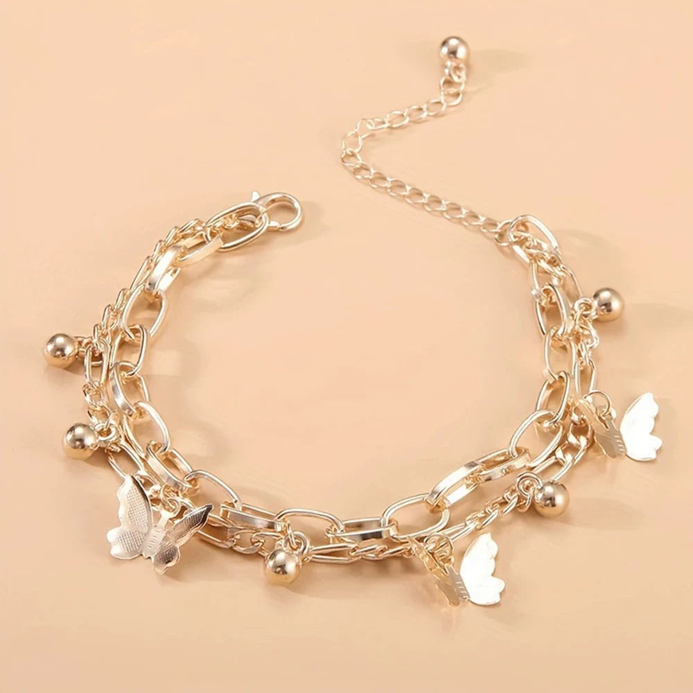 🦋18K gold-plated Nifty Double Layer Butterfly Charm Bracelet – Elegant Gold/Silver Chain for Women