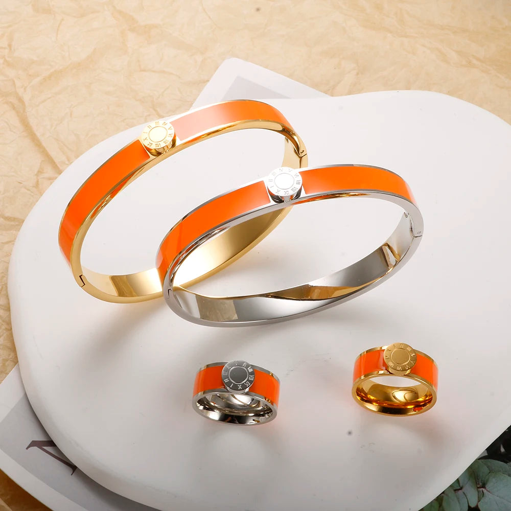 💫 JINHUI 18 Karat vergoldetes Edelstahl-Emaille-Armreif- und Ringset – Klassischer Schmuck mit römischen Ziffern