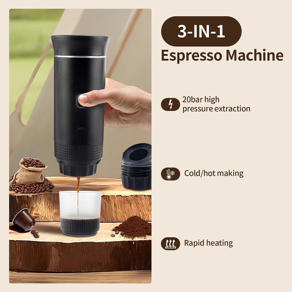 Portable Espresso Coffee Maker – 3-in-1 Capsule and Ground Coffee | Wireless, High Pressure, Travel-Friendly