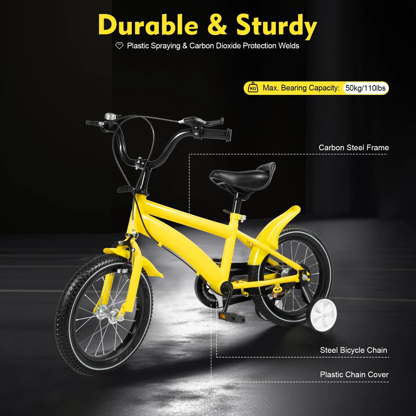 🚴 14-Inch Kids Bike with Training Wheels – Adjustable Seat, Dual Brakes, 2–4 Years, 50kg Capacity