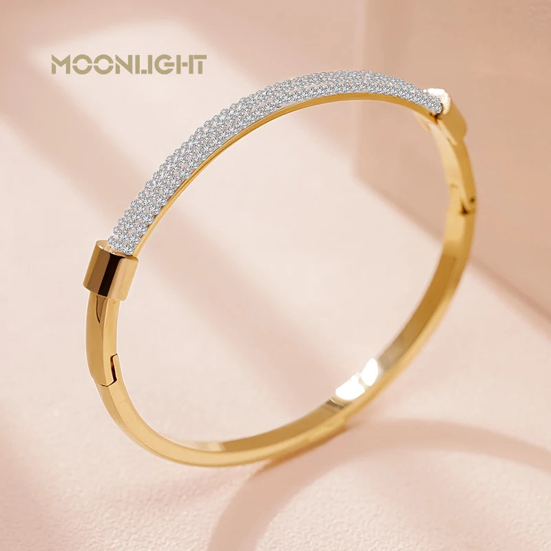 π 18K Gold Plated MOONLIGHT Cuff Bangle β Classic Titanium Steel Bracelet with Cubic Zirconia for Women