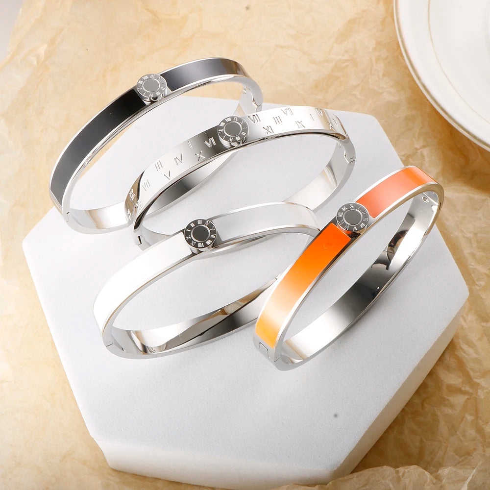 💫 JINHUI 18 Karat vergoldetes Edelstahl-Emaille-Armreif- und Ringset – Klassischer Schmuck mit römischen Ziffern
