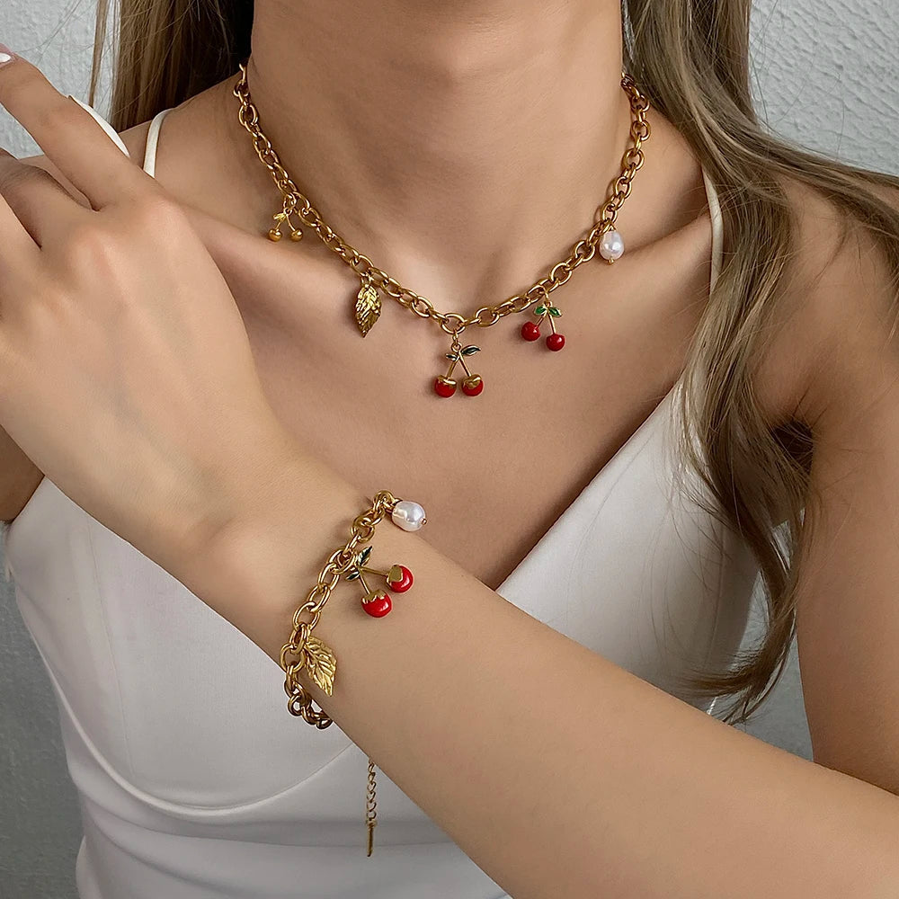 🍒 Chunky Gold Cherry and Leaf Charm Bracelet/Necklace Set – Stainless Steel Elegance