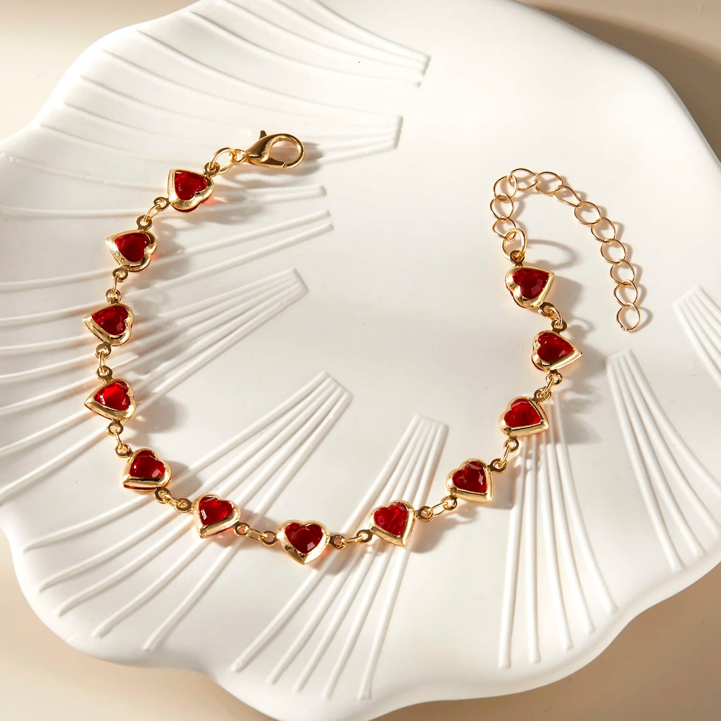 ❤️ Elegant Red Crystal Heart Bracelet – 18K Gold Plated Charm Jewelry