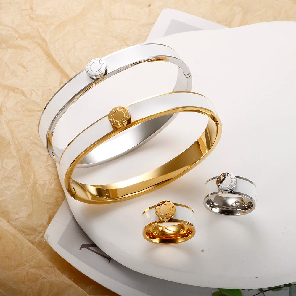 💫 JINHUI 18 Karat vergoldetes Edelstahl-Emaille-Armreif- und Ringset – Klassischer Schmuck mit römischen Ziffern