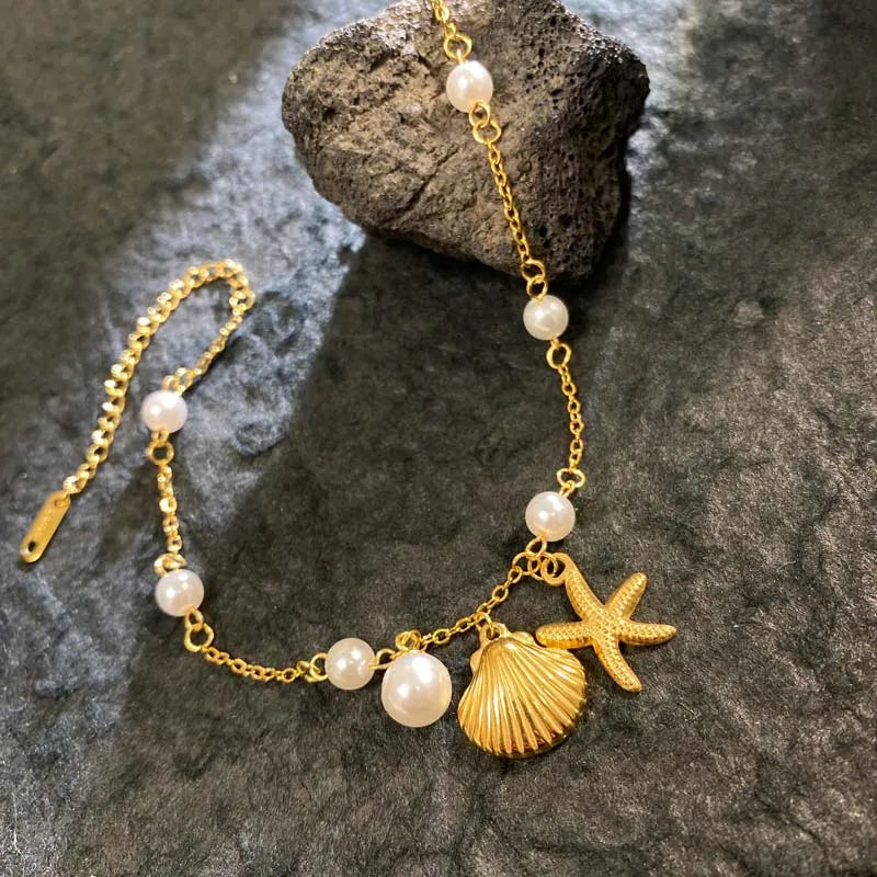 🌊 Ocean-Inspired Shell Pearl and Starfish Bracelet – 18K Gold Plated Summer Charm
