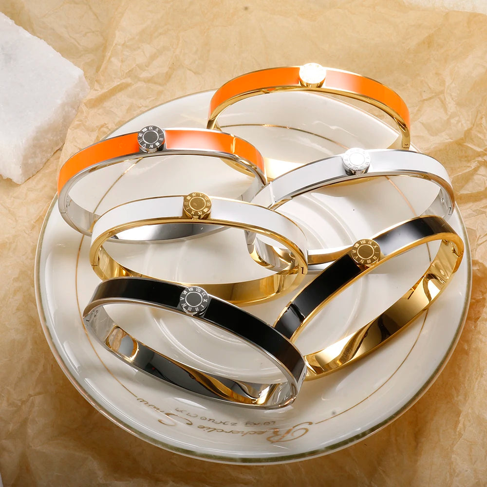 💫 JINHUI 18 Karat vergoldetes Edelstahl-Emaille-Armreif- und Ringset – Klassischer Schmuck mit römischen Ziffern