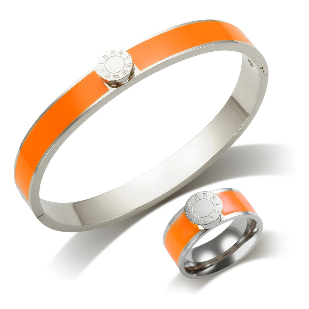 💫 JINHUI 18 Karat vergoldetes Edelstahl-Emaille-Armreif- und Ringset – Klassischer Schmuck mit römischen Ziffern