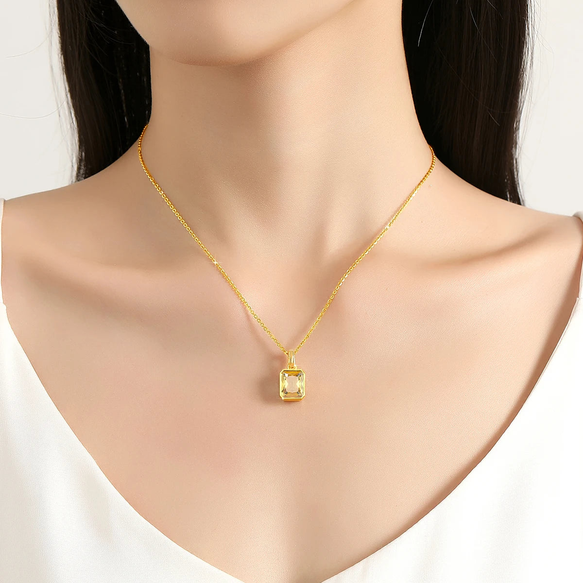 ✨ Szjinao Halskette mit Anhänger aus 100 % echtem 18 Karat Gold mit rechteckigem gelbem Stein – Zertifiziertes AU750-Gold | Luxuriöser Hochzeitsschmuck für Damen