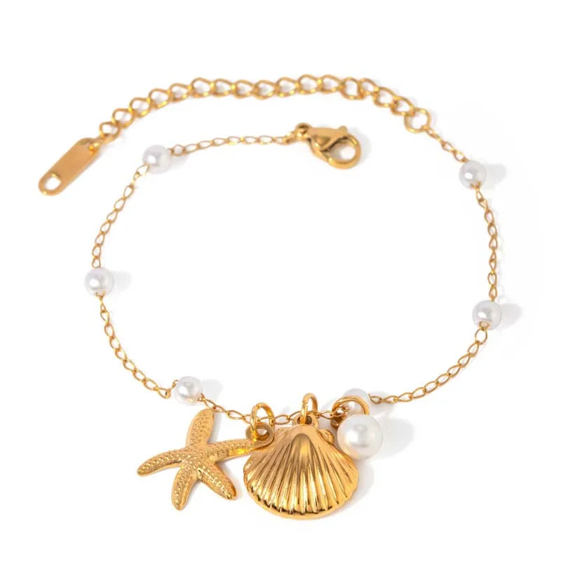 🌊 Ocean-Inspired Shell Pearl and Starfish Bracelet – 18K Gold Plated Summer Charm