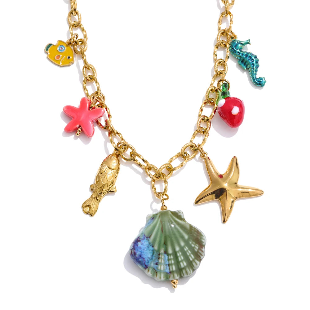 π 18k Gold Plated Yhpup Ocean Style Enamel Shell and Starfish Pendant Necklace β 2025 Summer Collection