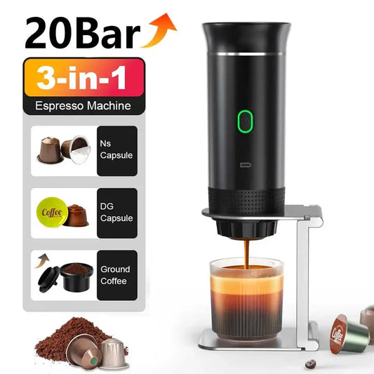 Tragbare Espressomaschine – 3-in-1 Kapsel und gemahlener Kaffee | Kabellos, hoher Druck, reisefreundlich