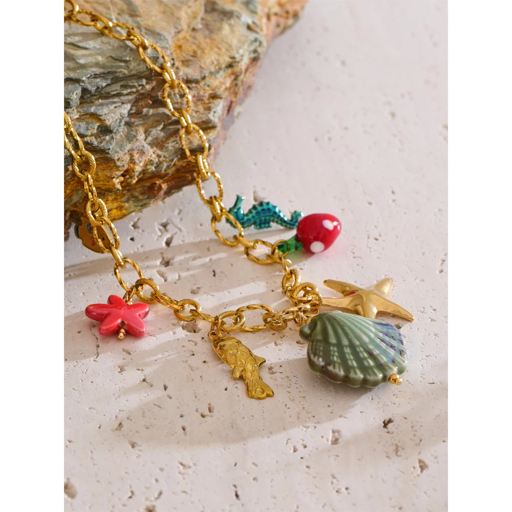 π 18k Gold Plated Yhpup Ocean Style Enamel Shell and Starfish Pendant Necklace β 2025 Summer Collection