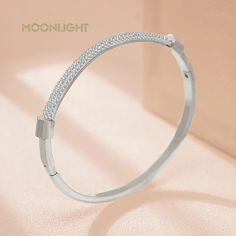 π 18K Gold Plated MOONLIGHT Cuff Bangle β Classic Titanium Steel Bracelet with Cubic Zirconia for Women