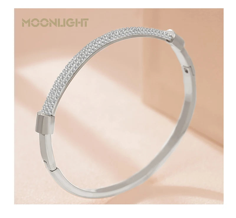 π 18K Gold Plated MOONLIGHT Cuff Bangle β Classic Titanium Steel Bracelet with Cubic Zirconia for Women