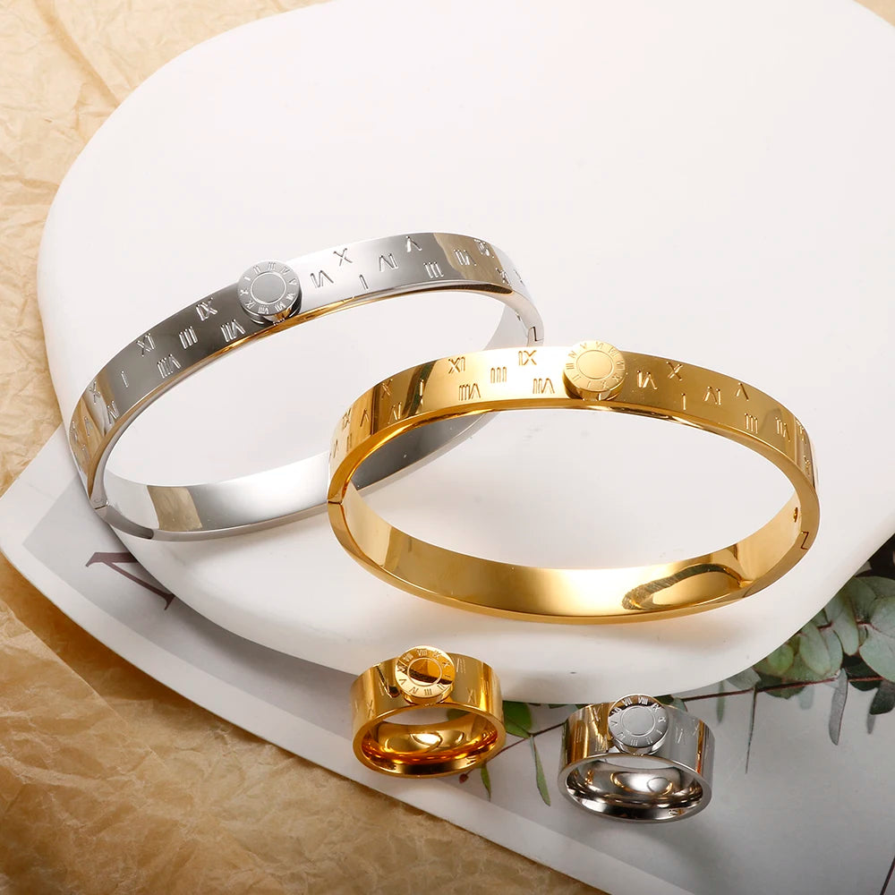 💫 JINHUI 18 Karat vergoldetes Edelstahl-Emaille-Armreif- und Ringset – Klassischer Schmuck mit römischen Ziffern