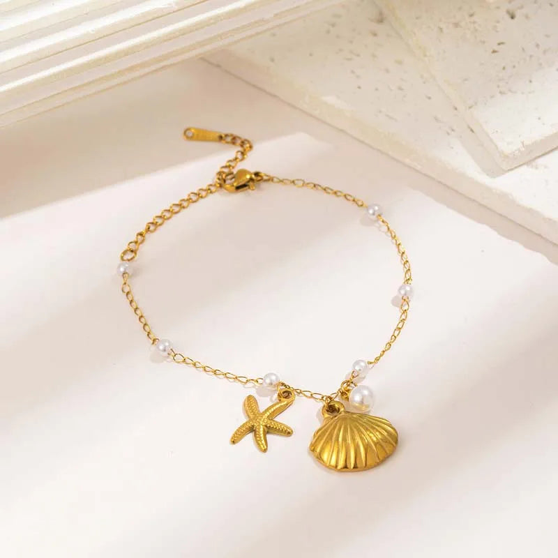 🌊 Ocean-Inspired Shell Pearl and Starfish Bracelet – 18K Gold Plated Summer Charm