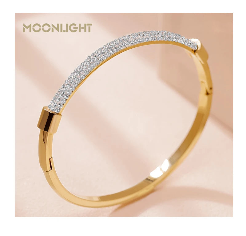π 18K Gold Plated MOONLIGHT Cuff Bangle β Classic Titanium Steel Bracelet with Cubic Zirconia for Women