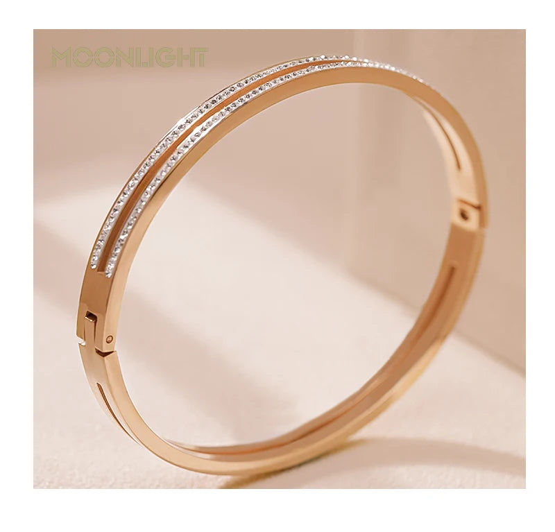 π 18K Gold Plated MOONLIGHT Cuff Bangle β Classic Titanium Steel Bracelet with Cubic Zirconia for Women