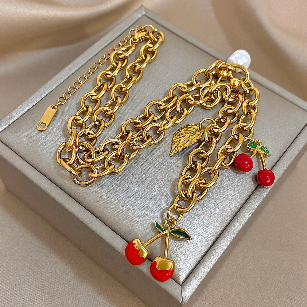 🍒 Chunky Gold Cherry and Leaf Charm Bracelet/Necklace Set – Stainless Steel Elegance