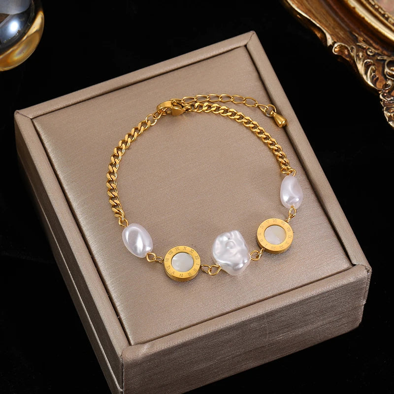 π EILIECK 18K Gold Plated Pearl Roman Numeral Charm Bracelet β Elegant 316L Stainless Steel Jewelry for Women