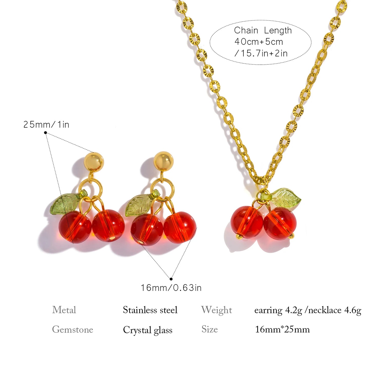🍒 Cherry Charm – 18K Gold PVD Plated Stainless Steel Red Crystal Drop Earrings