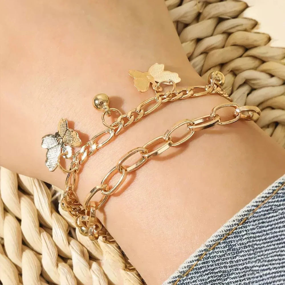 🦋18K gold-plated Nifty Double Layer Butterfly Charm Bracelet – Elegant Gold/Silver Chain for Women