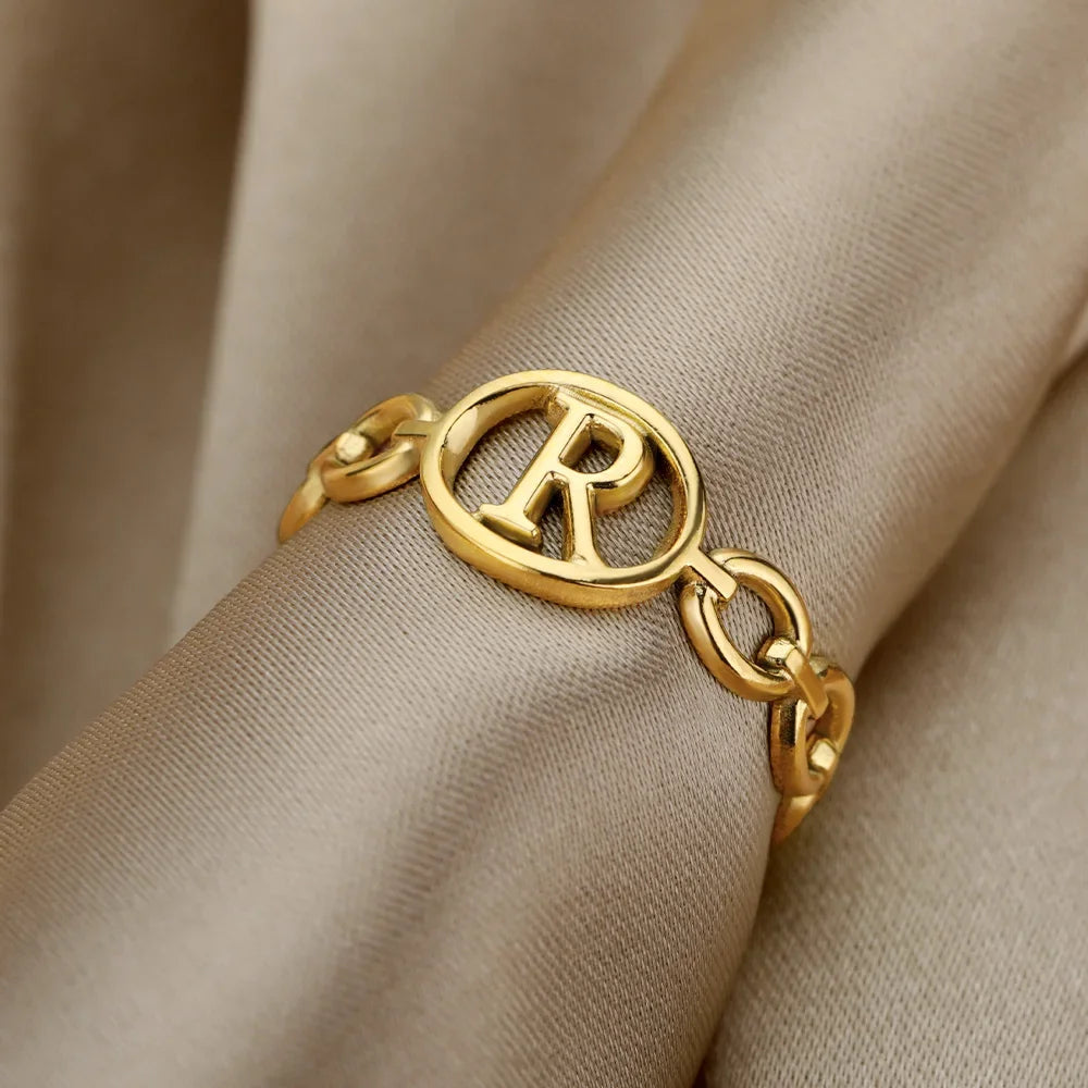 π 18k Gold Plated Hollow AβZ Initial Rings β Open Adjustable Stainless Steel Letter Rings