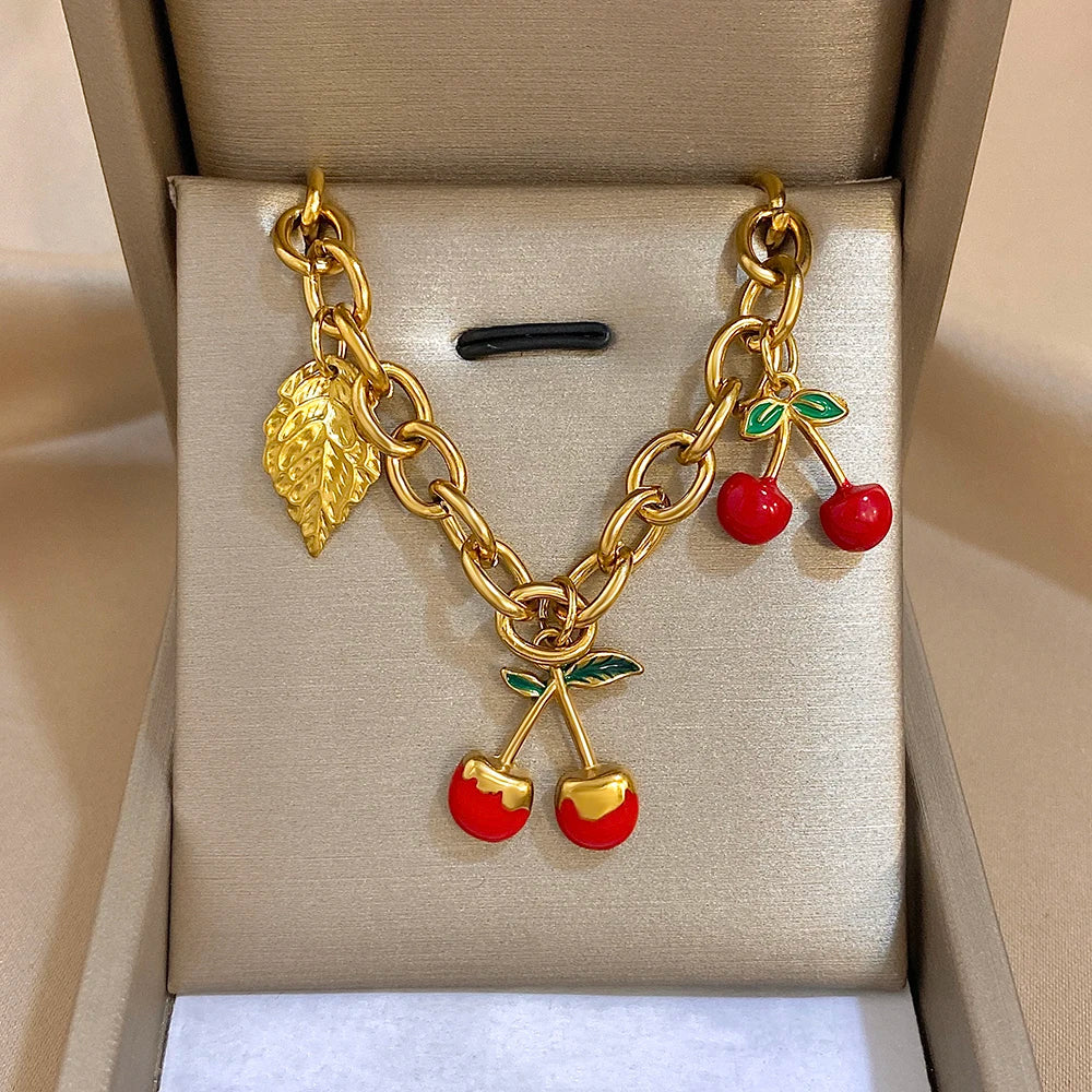 🍒 Chunky Gold Cherry and Leaf Charm Bracelet/Necklace Set – Stainless Steel Elegance