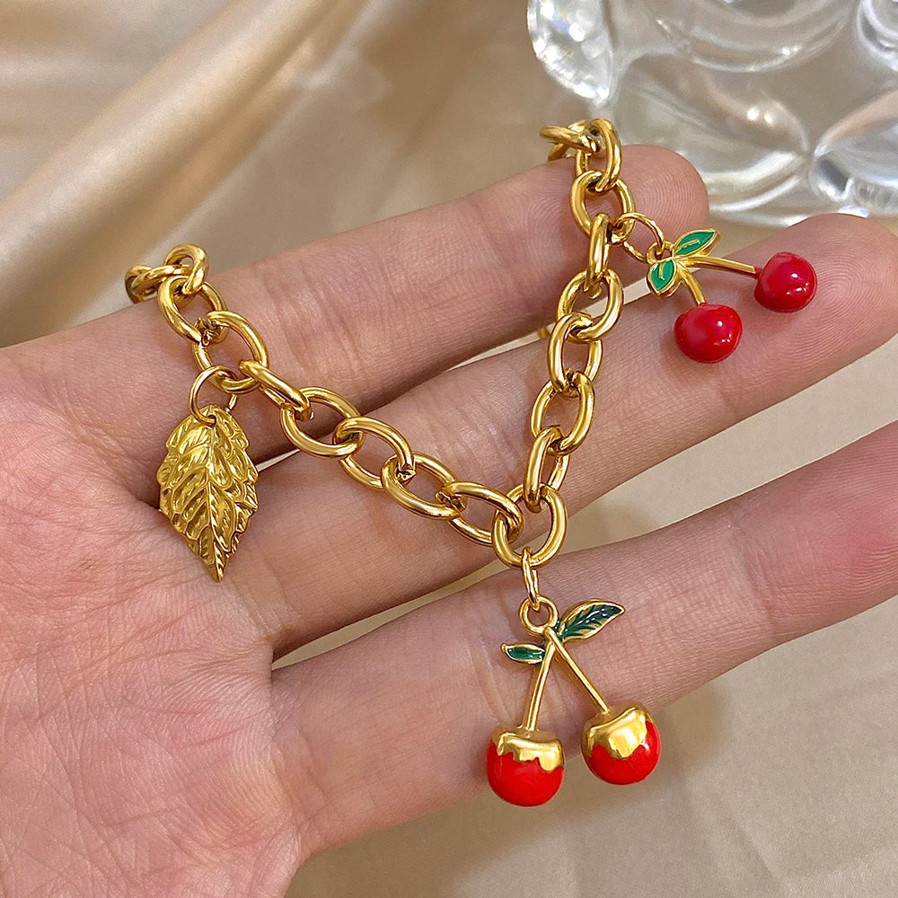 🍒 Chunky Gold Cherry and Leaf Charm Bracelet/Necklace Set – Stainless Steel Elegance