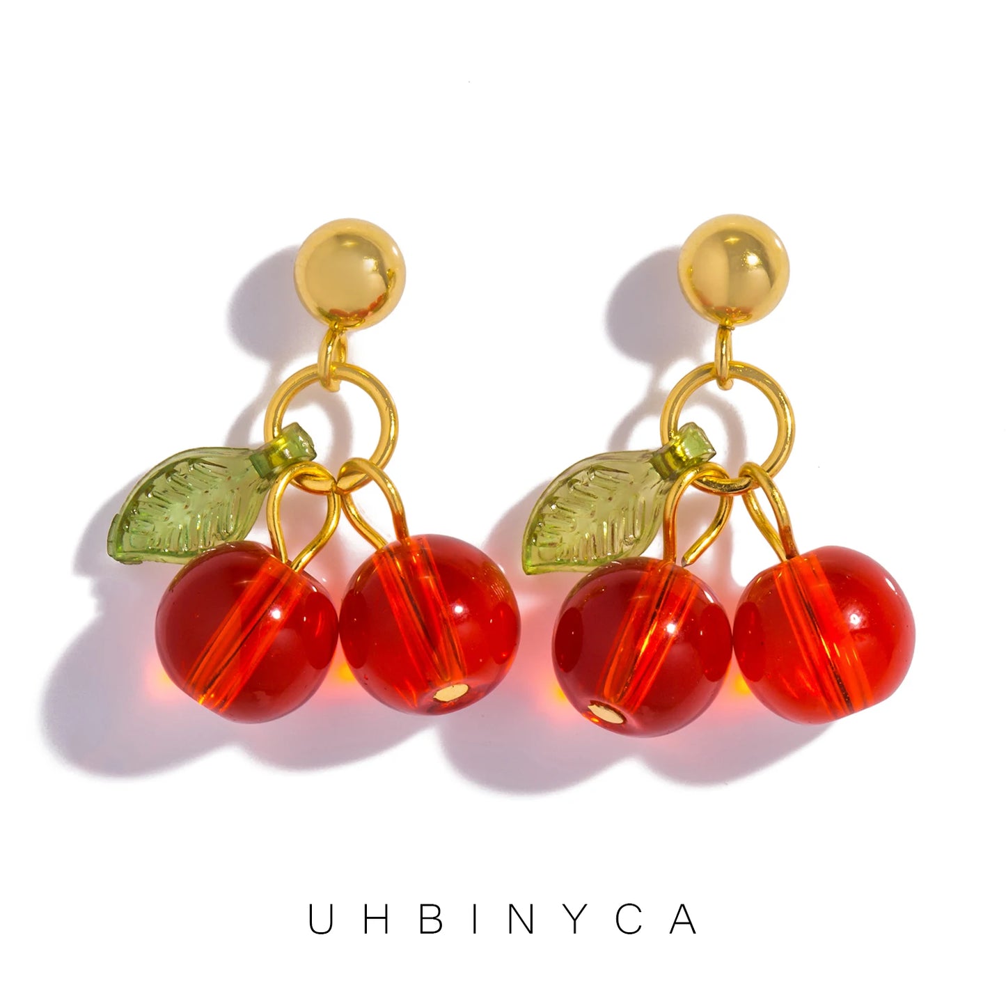 🍒 Cherry Charm – 18K Gold PVD Plated Stainless Steel Red Crystal Drop Earrings