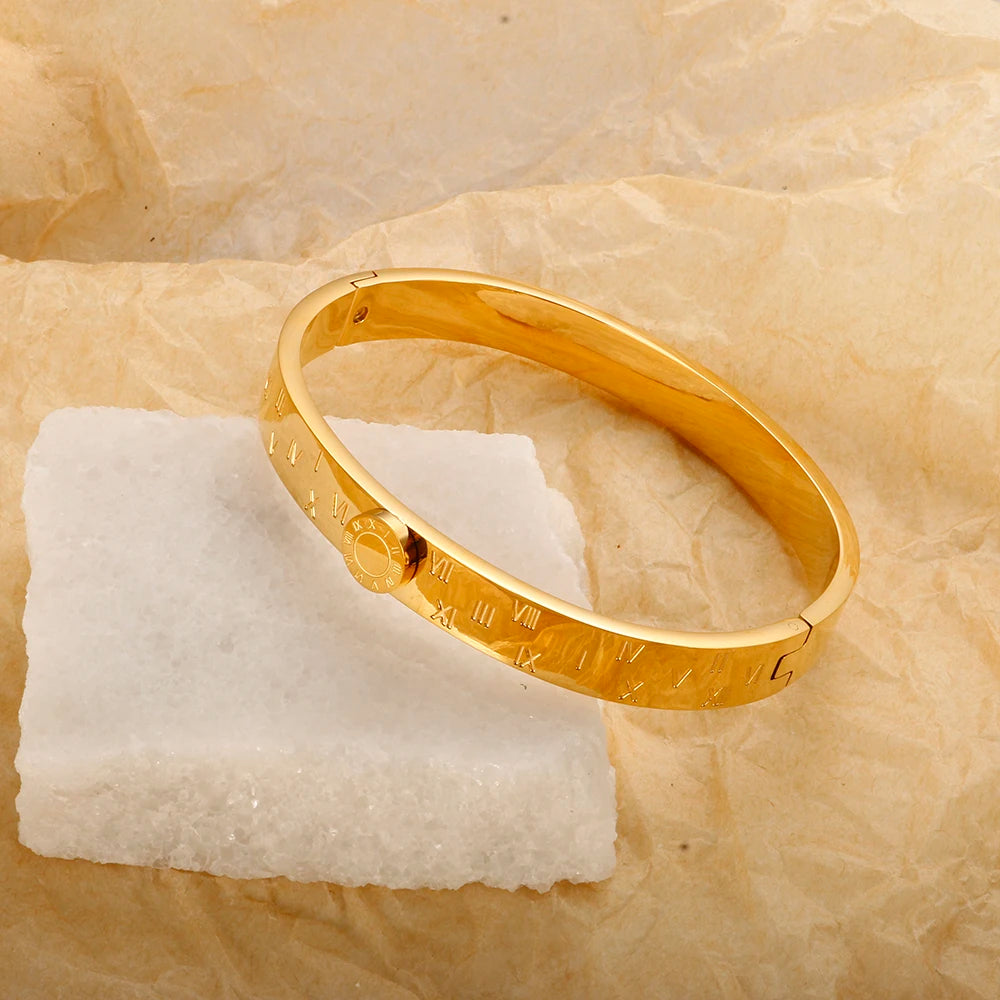 💫 JINHUI 18 Karat vergoldetes Edelstahl-Emaille-Armreif- und Ringset – Klassischer Schmuck mit römischen Ziffern