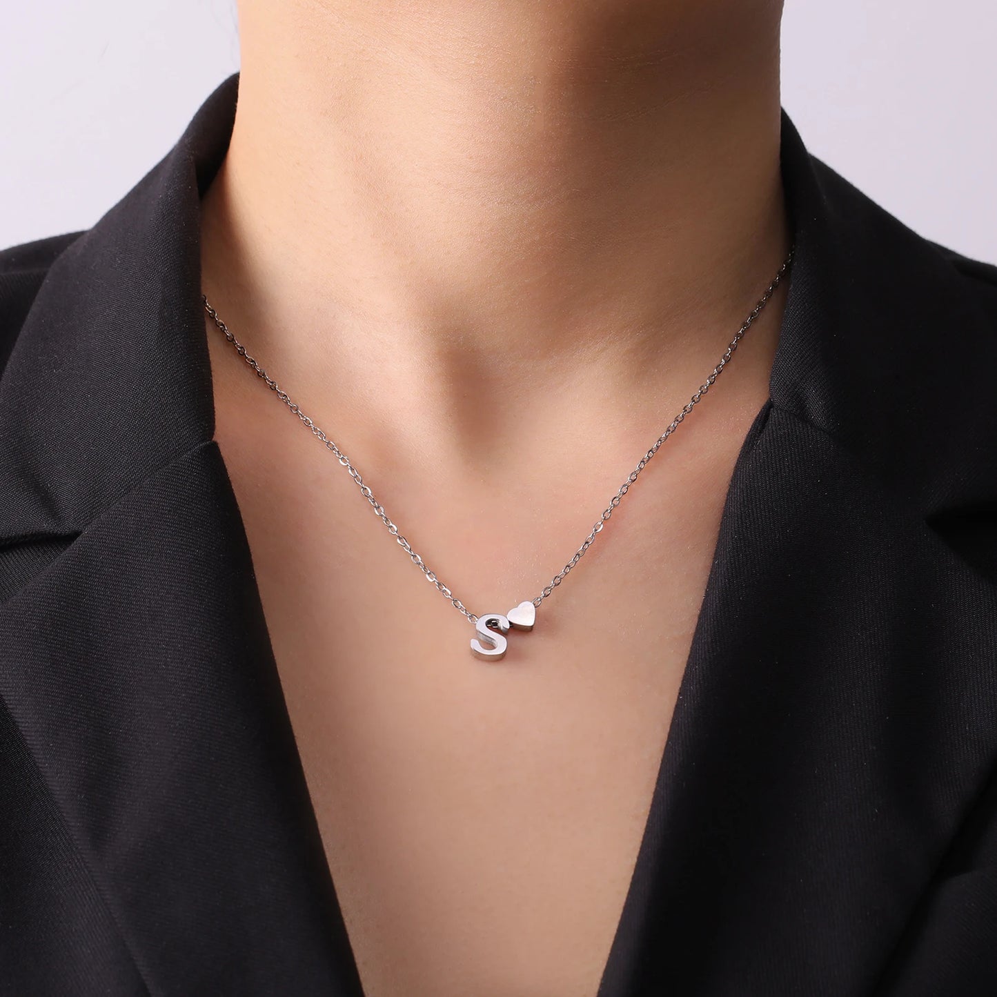 Skyrim Tiny Heart Initial Necklace-Stainlesssteel