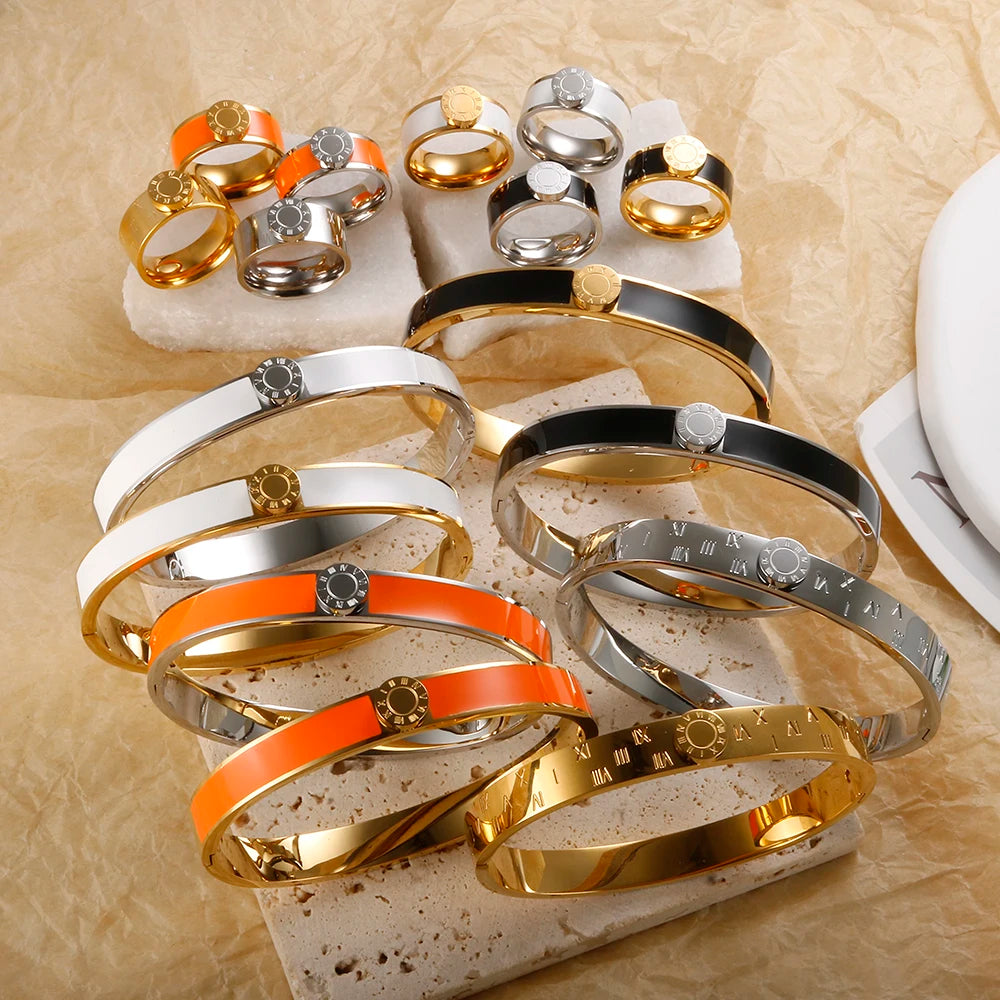 💫 JINHUI 18 Karat vergoldetes Edelstahl-Emaille-Armreif- und Ringset – Klassischer Schmuck mit römischen Ziffern