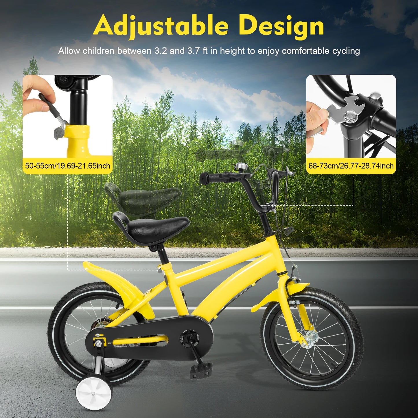 🚴 14-Inch Kids Bike with Training Wheels – Adjustable Seat, Dual Brakes, 2–4 Years, 50kg Capacity