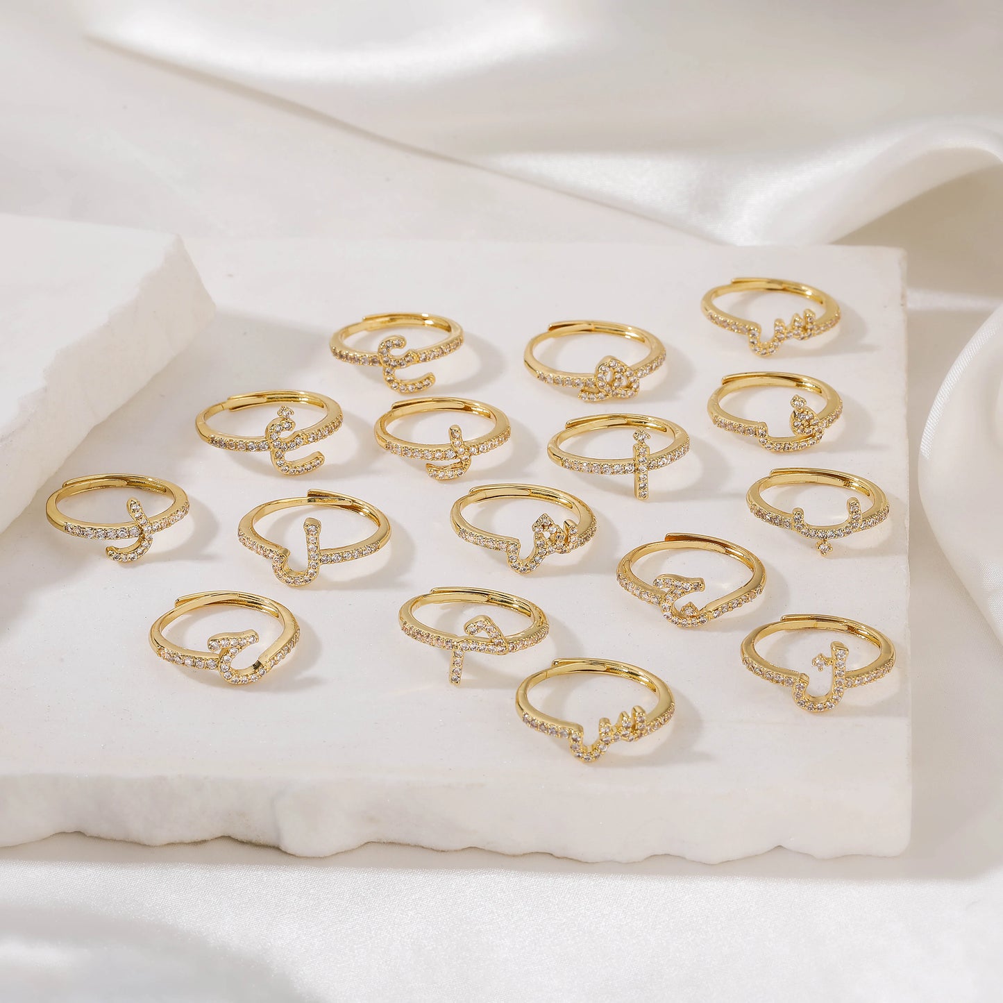 🌙 18k Gold Plated Arabic Letter Square Ring – HECHENG Women’s Fashion Ring with Zircon Inlay