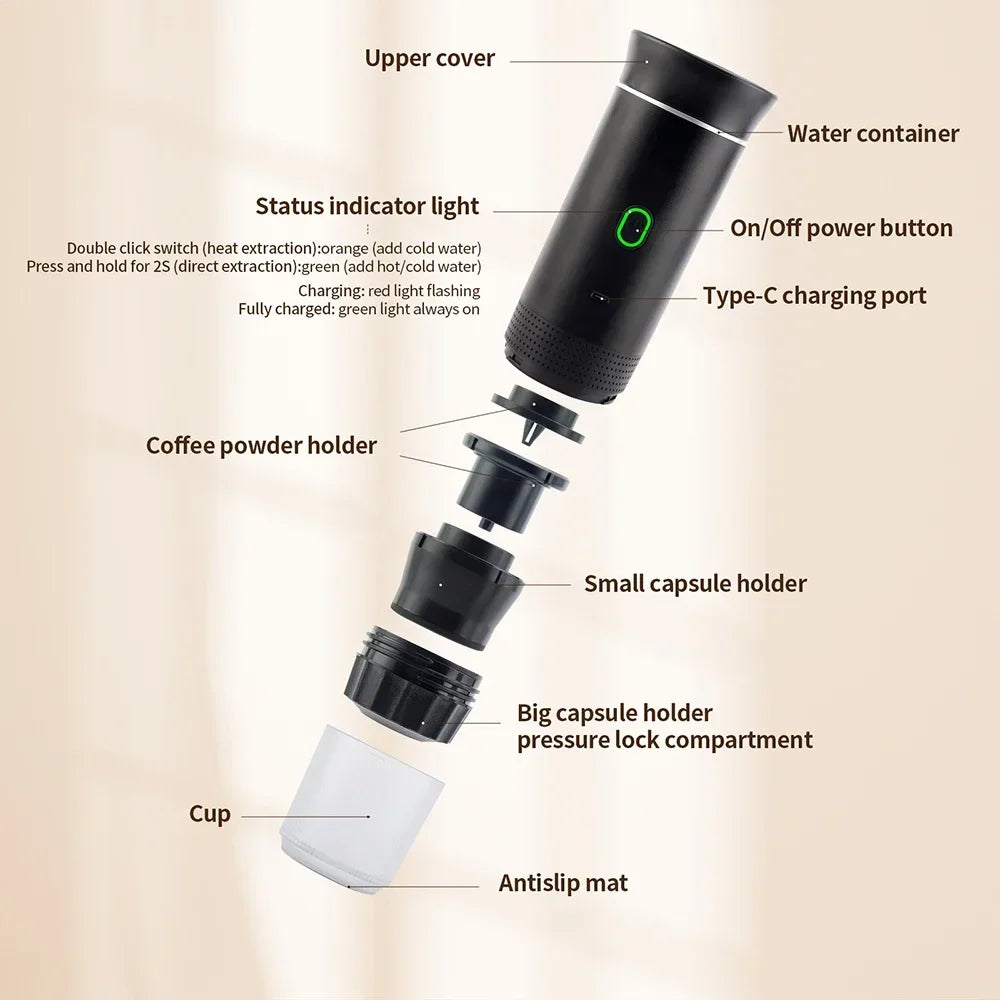 Portable Espresso Coffee Maker – 3-in-1 Capsule and Ground Coffee | Wireless, High Pressure, Travel-Friendly