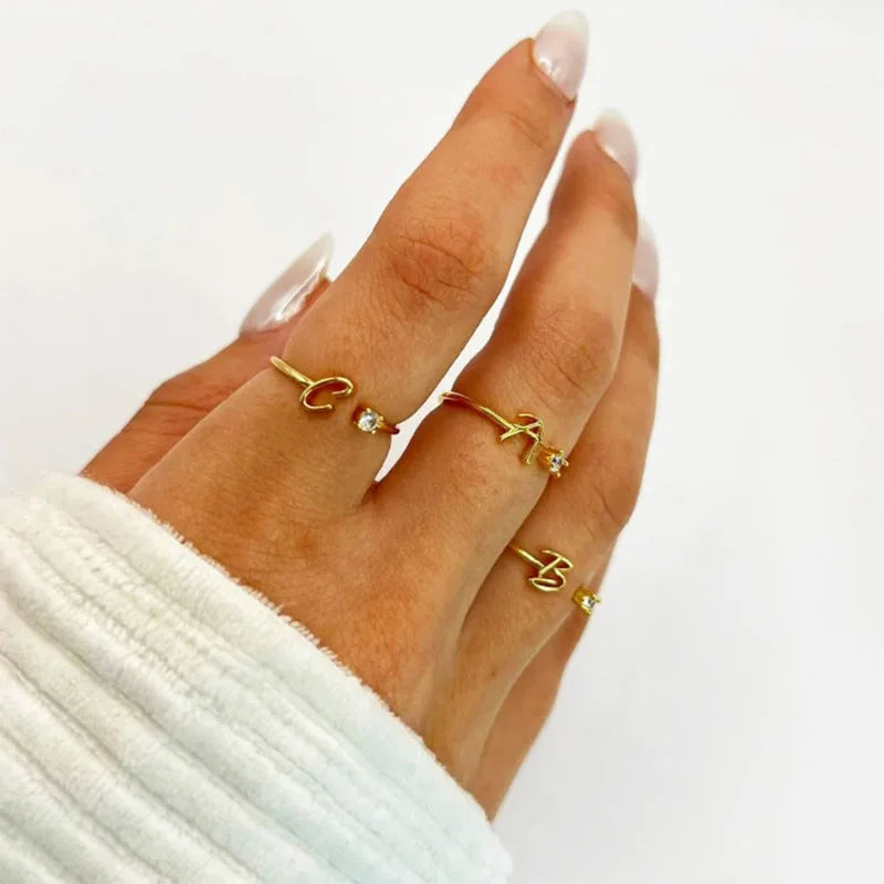 ✨ 18k Gold Plated Tiny A–Z Initial Letter Rings – Adjustable Stainless Steel Rings