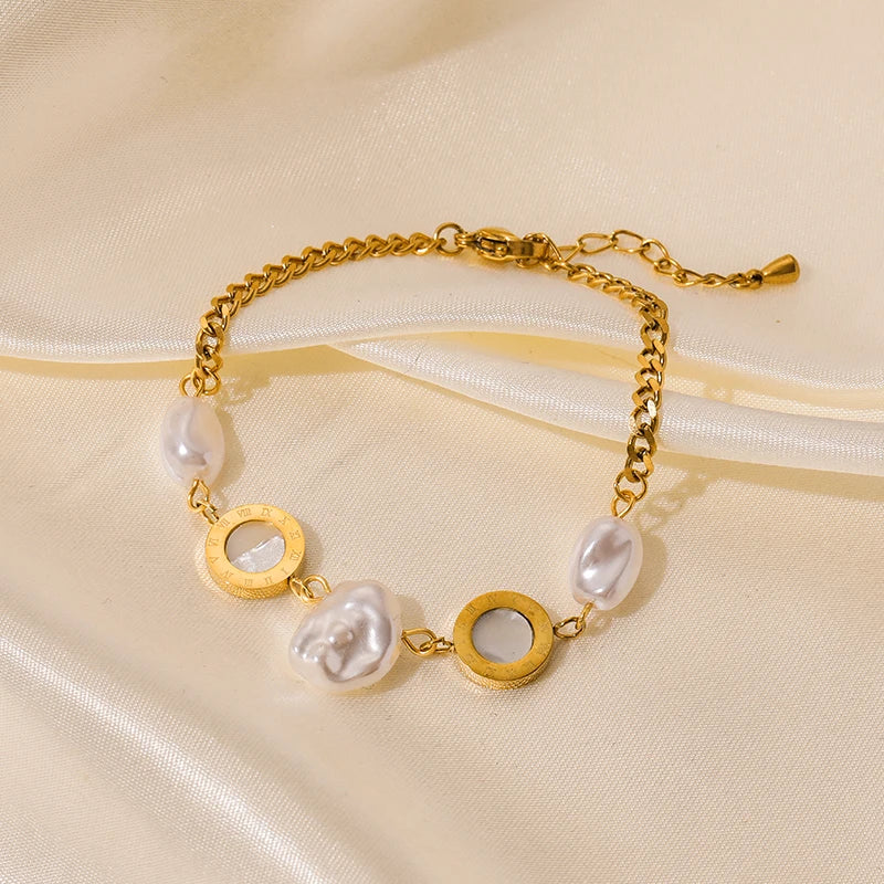 π EILIECK 18K Gold Plated Pearl Roman Numeral Charm Bracelet β Elegant 316L Stainless Steel Jewelry for Women