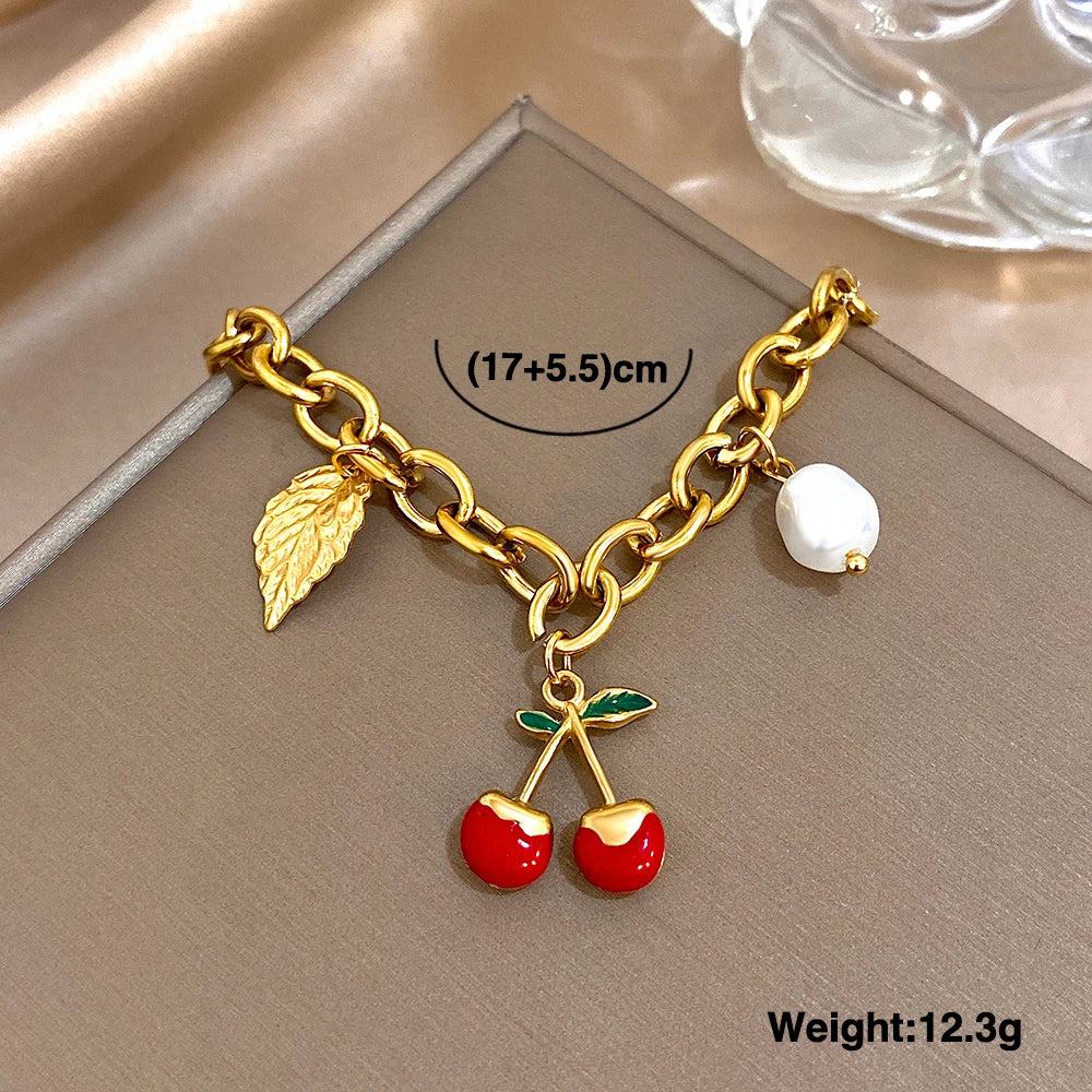 🍒 Chunky Gold Cherry and Leaf Charm Bracelet/Necklace Set – Stainless Steel Elegance