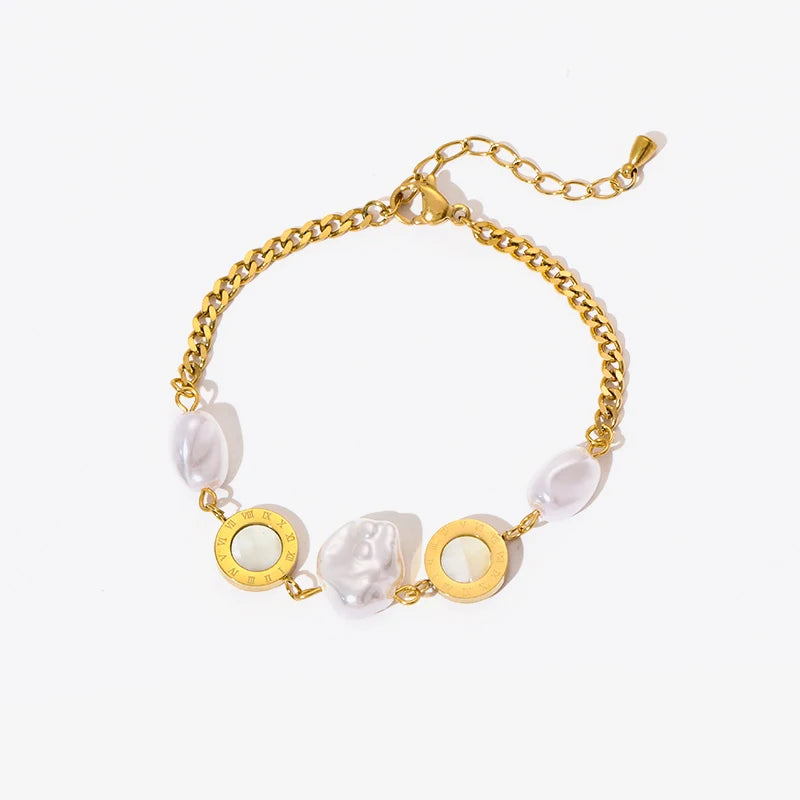 π EILIECK 18K Gold Plated Pearl Roman Numeral Charm Bracelet β Elegant 316L Stainless Steel Jewelry for Women