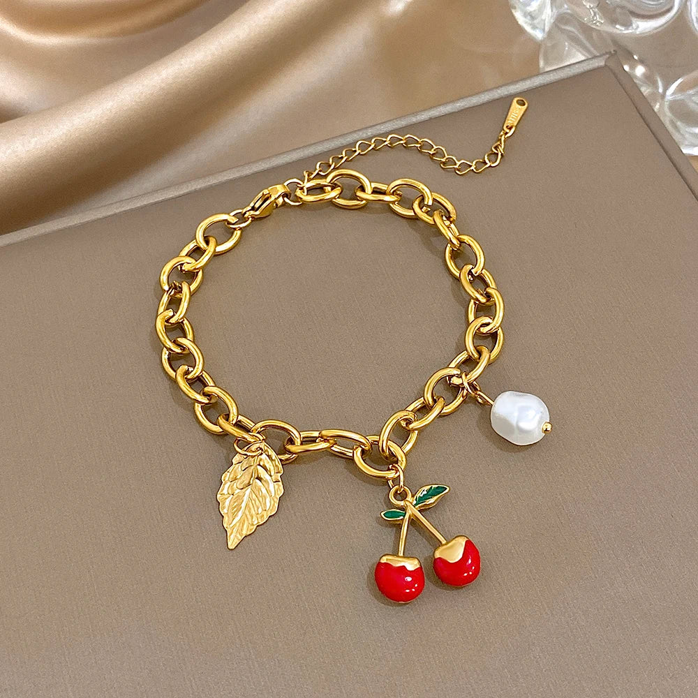 🍒 Chunky Gold Cherry and Leaf Charm Bracelet/Necklace Set – Stainless Steel Elegance